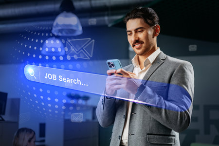 Professional man engaged in job search activity using smartphone in modern office environmentの写真素材