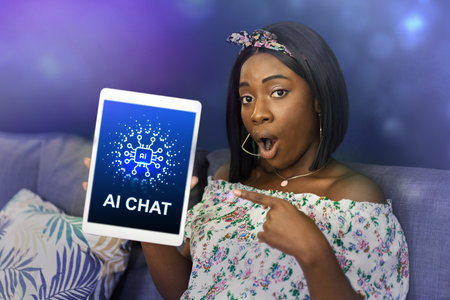 Engaging woman showcases AI chat technology with excitement in a cozy living room setting during...