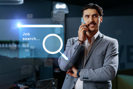 Business professional engaged in job search while on phone in office setting with digital icons...