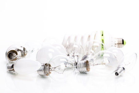 Many lightbulbs on white background close up