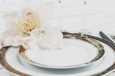 Set of tableware, dishes, plates, utensils on the table