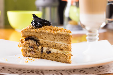 Honey sponge cake slice served in a cafe