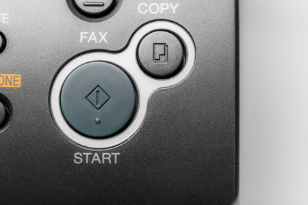 Black fax machine tool close up, business concept