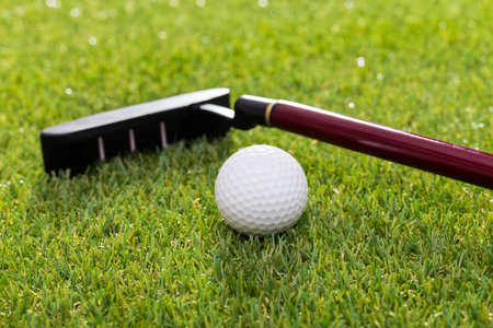 Mini golf. Golf equipment on grass close up