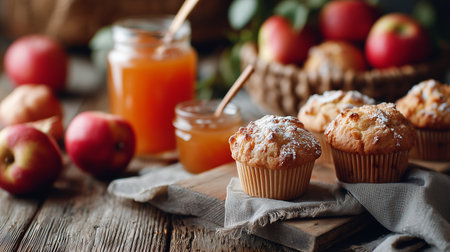Freshly baked apple muffins with jars of apple jam and fresh apples on a rustic wooden tableの素材