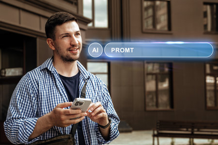 Man using smartphone with AI interface in urban setting during daylight hours