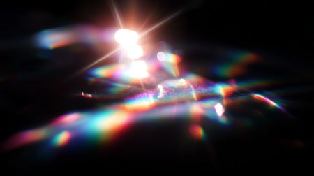 Colorful light reflections create a vibrant display on a dark surfaceの素材