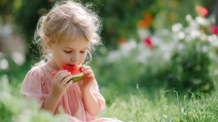 Young girl enjoying a slice of watermelon in a vibrant garden on a sunny dayの素材