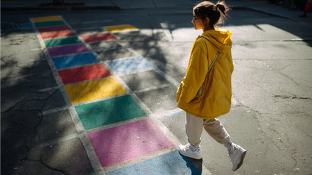 Young woman wearing yellow jacket walks past colorful street art in urban settingの素材