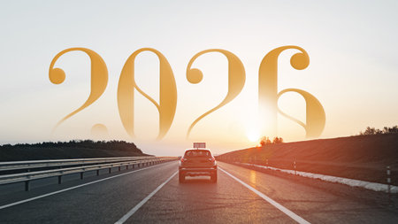 Journey on a highway at sunset with year 2026 displayed in golden text