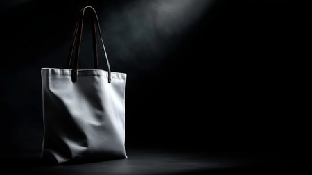 Stylish black tote bag with leather handles on a dark backgroundの素材
