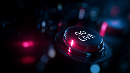 Bright go live button illuminated on a control panel during a live streaming sessionの素材