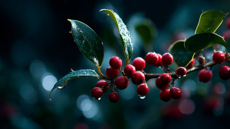 Bright red berries glistening with raindrops on a dark, misty eveningの素材