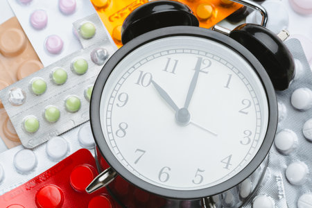 Alarm clock surrounded by various medicine packets on a flat surface at midday