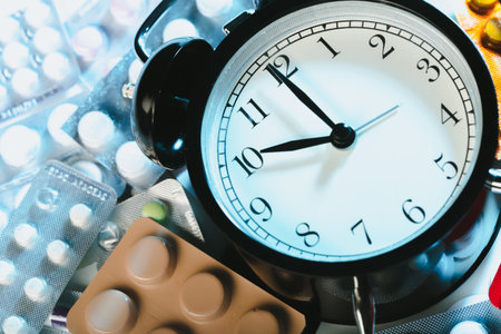 Clock alongside various types of medicine and pills on a surface