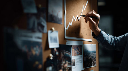Hand tracing growth trend on corkboard with charts and photos in a dimly lit roomの素材