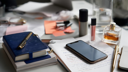 Workspace clutter with personal items, notes, and mobile phone on a tableの素材