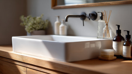 Modern bathroom sink with elegant decor and natural lightの素材