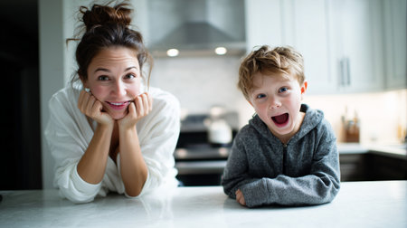 Happy mother and son enjoying time together in a bright kitchenの素材