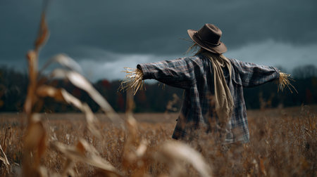Scarecrow in a field under a cloudy sky with windswept cropsの素材