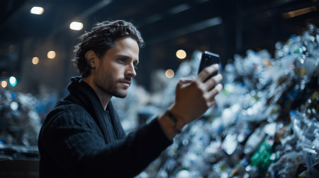 Man examines waste materials with smartphone in recycling facility at nightの素材