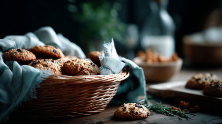 Freshly baked chocolate chip cookies in a rustic kitchen setting during evening hoursの素材