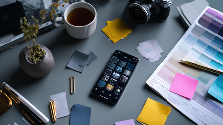 Workspace setup with smartphone, camera, and color palettes in a creative environmentの素材