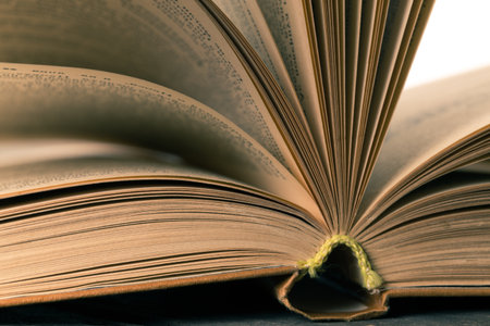 Open book displaying pages with detailed texture and warm lighting on a dark surface