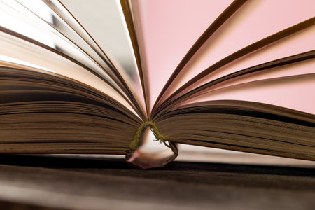 Open book resting on a surface with visible pages and a soft focus background