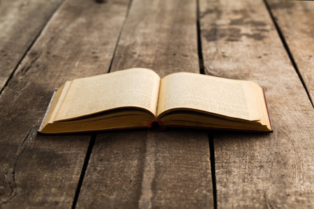 Open book resting on a rustic wooden table in a cozy reading nook
