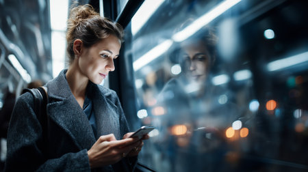 Woman engaged with smartphone while traveling on public transport at nightの素材