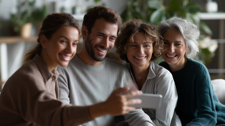 Friends enjoy a joyful moment together while taking a selfie at home in a cozy settingの素材