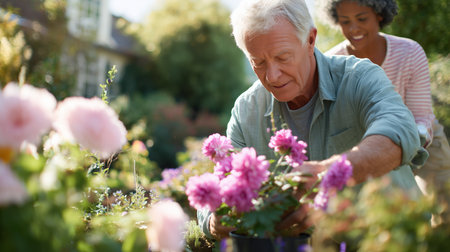 Elderly man gardening with woman in a sunny backyard filled with colorful flowersの素材