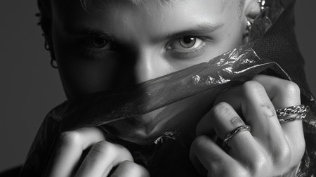 Model poses dramatically with a plastic bag in a black and white studio settingの素材