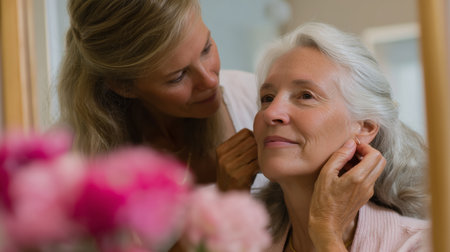 Caring daughter helps mother with earrings in cozy roomの素材