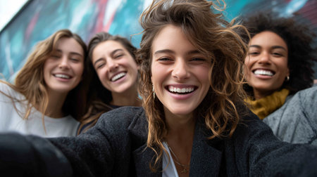 Friends enjoy a fun day taking selfies outdoors in a colorful urban settingの素材