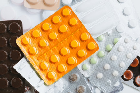 Various pill blister packs arranged on a surface for pharmaceutical examinationの写真素材