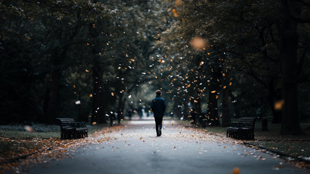 Man walks alone through a quiet park surrounded by falling leaves in autumnの素材