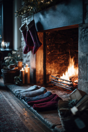 Cozy fireplace with colorful socks and festive decorations during winter eveningの素材
