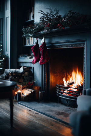 Cozy fireplace setting with stockings and festive decor during winter seasonの素材