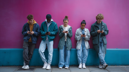 Five young people absorbed in their phones against a vibrant pink wall in an urban settingの素材