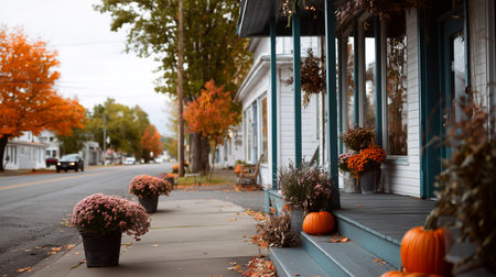 Charming autumn street scene with fall decorations and colorful foliageの素材
