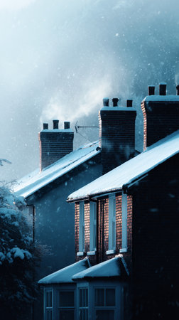 Winter scene with snow-covered houses and chimneys in a quiet neighborhoodの素材