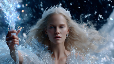 Mystical figure wielding ice magic in a serene winter landscape at duskの素材