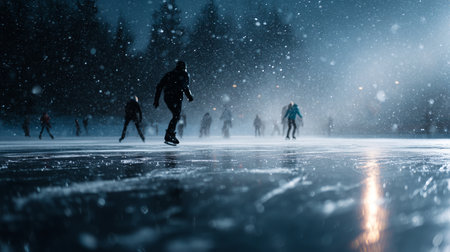 Skaters glide across a snowy ice rink at night under a glowing skyの素材