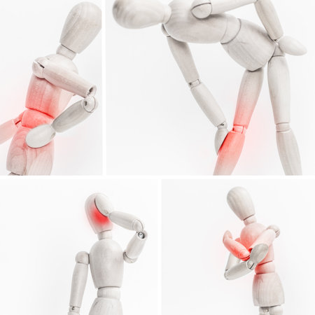 Wooden mannequins demonstrating different poses expressing discomfort in various body partsの写真素材