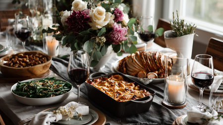 Gathering with friends featuring a variety of delicious dishes and fine wineの素材