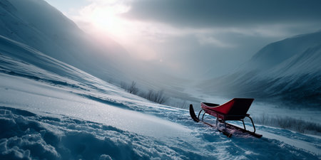 Snowy valley with a red sled resting quietly under a cloudy sky at duskの素材