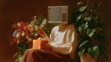 Person with a vintage TV for a head sits among flowers and holds a gift boxの素材