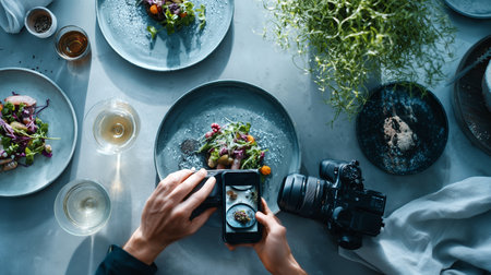Capturing a dish in a modern restaurant during dinner time with camera and gourmet platesの素材
